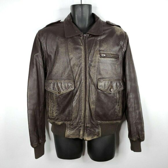 Vintage Brown Leather Bomber Flight Jacket Made in Korea Size L - Picture 2 of 7